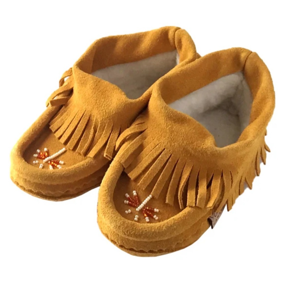 Laurentian Chief Fringed Sheepskin Beaded Mocassins Infant Toddler 5C Shoes